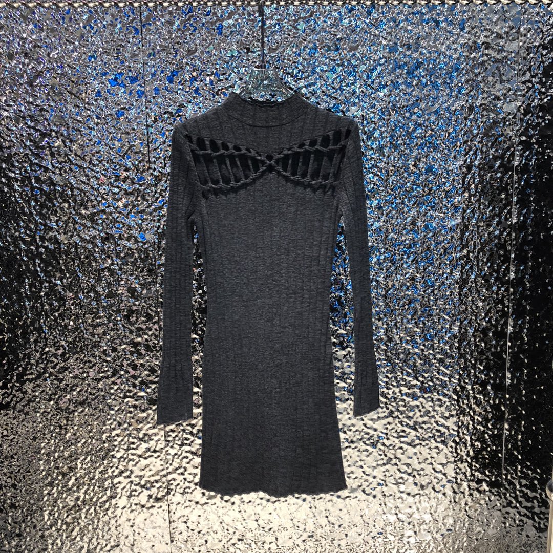 

2023 Women's Sweaters stand collar long sleeve Tight knit dress, Gray