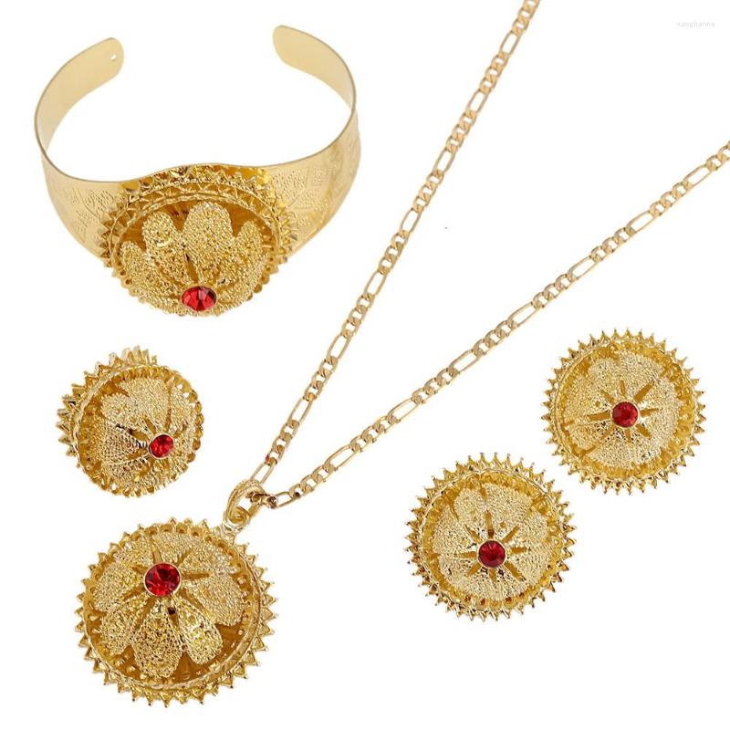 

Necklace Earrings Set Ethiopian Gold Color Heavy Pendant Ring Bangle Habesha Wedding Bride Jewelry Gift, Picture shown