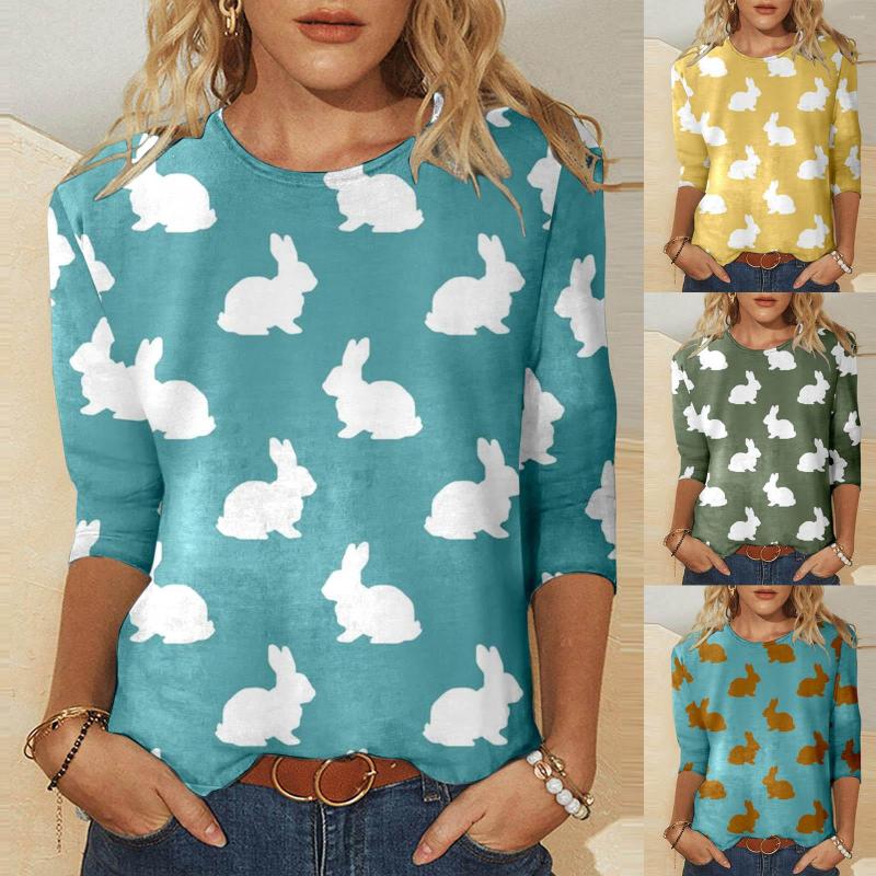 

Women' T Shirts Women Casual Round Neck Three Quarter Sleeve Easter Day Funny Printed Tshirt Outdoor Warm Top Ladies Short Blouse, Sky blue