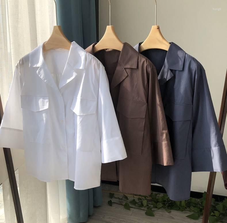 

Women' Blouses Women Cotton Blouse Three Colors Turn-down Collar Simple Half Sleeve Office Lady Shirt With Pockets 2023 Summer, White