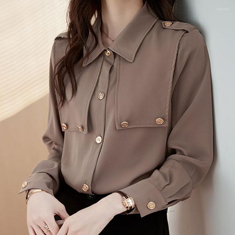 

Women' Blouses Women' Vintage Korean Fashion Solid Long Sleeve Button Up Shirt Spring Autumn Elegant Chic Slim Street Blouse Top, Khaki