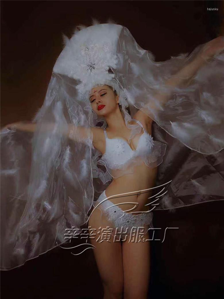 

Stage Wear Women White Feather Snowflake Bikini Headdress Hat Bra Costume DJ Singer Outfit Models Catwalk Performance Dance, Picture shown