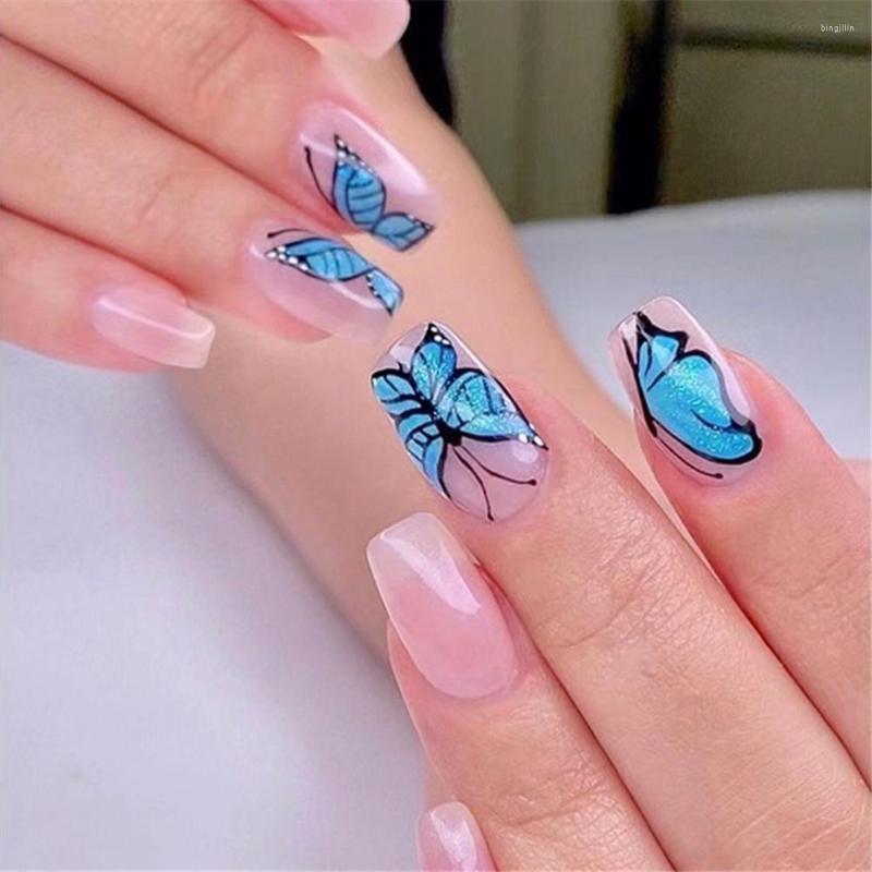 

False Nails Trendy Blue Butterfly Fake Nail Tips Press On French Square Head Manicure Patches With Designs Wearable Nude, 01