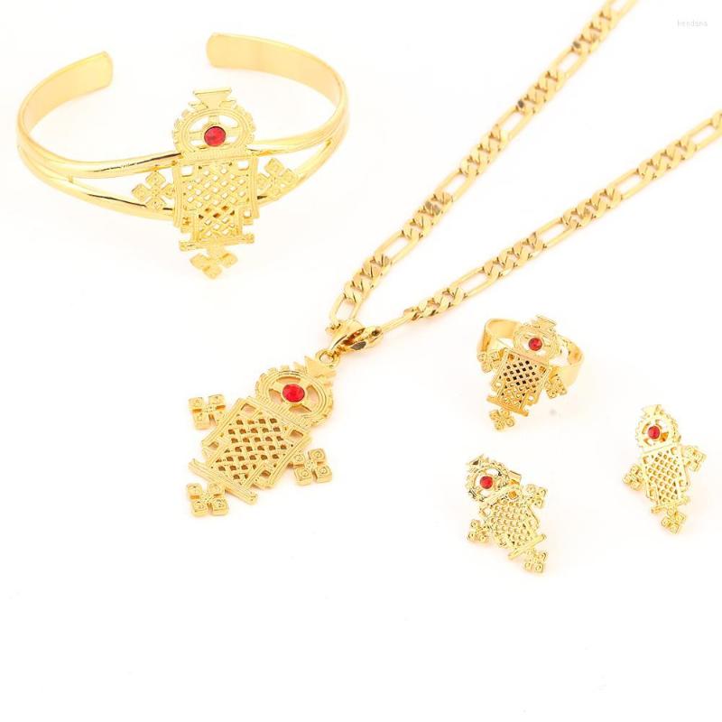 

Necklace Earrings Set Ethiopian 24k Gold Color Sets For African Eritrean Habesha Trendy Jewelry, Picture shown