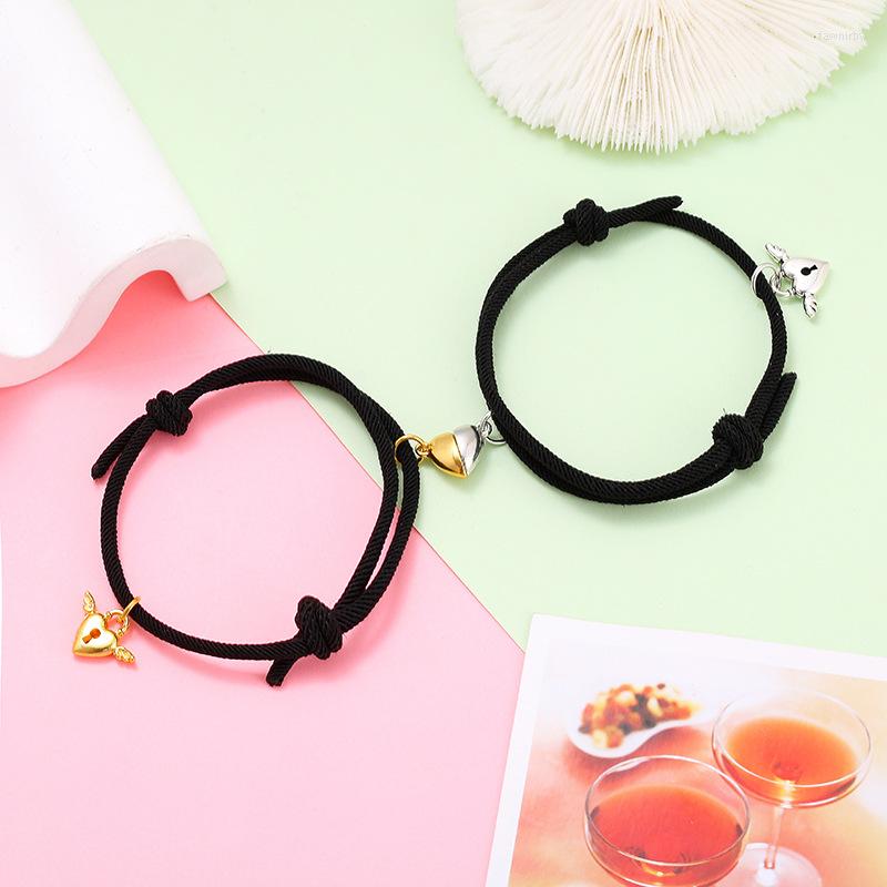 

Charm Bracelets 2pc/set Matching Heart Couple Magnetic Bracelet Set For Friendship BFF Adjustable Jewelry 14-26CM 3MM Cord Wing KL39