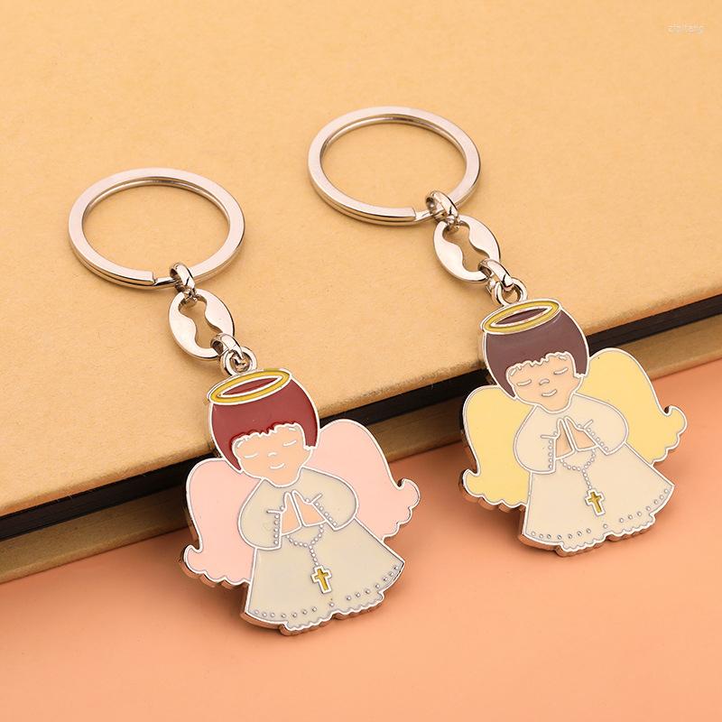 

Keychains Enamel Angel Pendant Keychain Jesus Cross Charms Key Chain Ring Holder Keyring Women Men Catholic Baptism Souvenir Jewelry