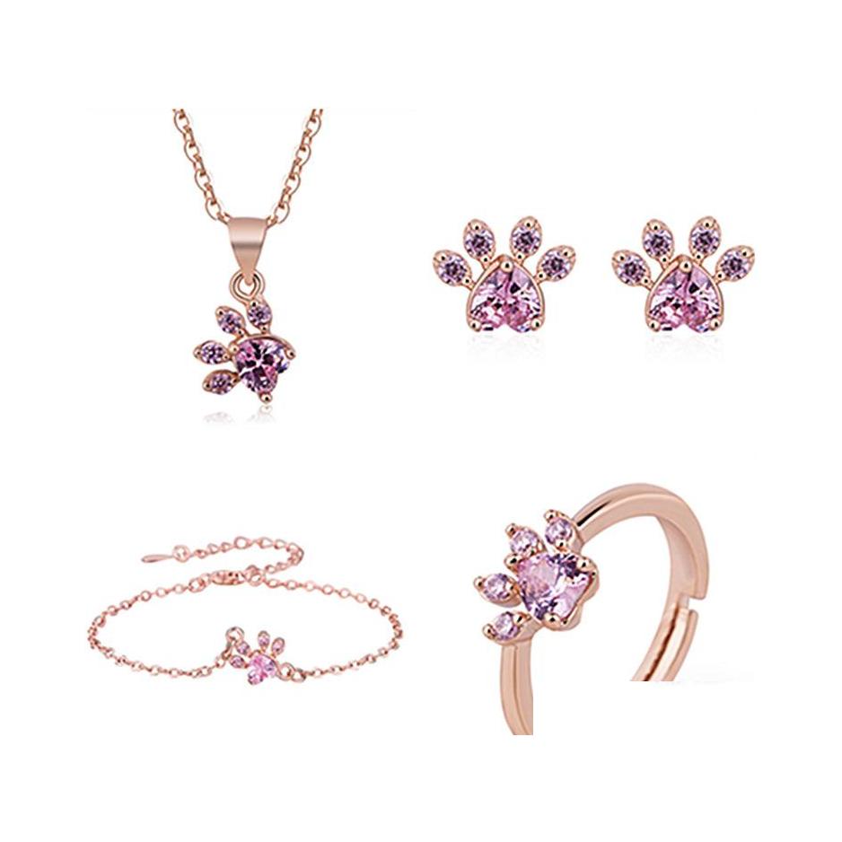 

Earrings Necklace Rose Gold Cat Claw Heart Footprint Necklaces Stud Bracelet Ring Set Gift Party Delicate Drop Delivery Jewelry Set Dhbv4, Pink