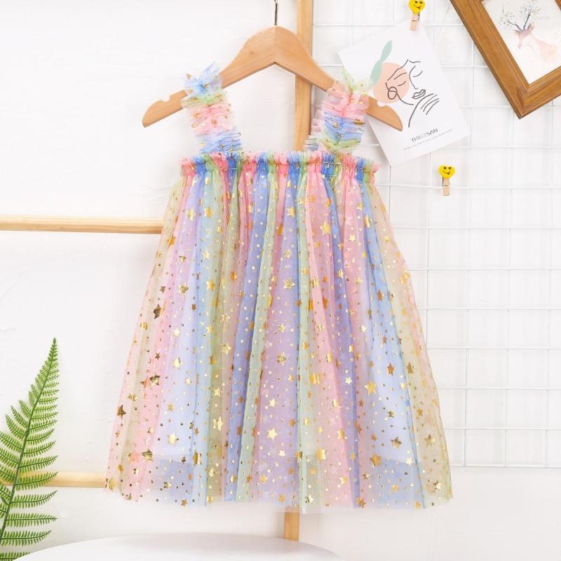 

Girl Dresses Baby Dress Rainbow Colorful Summer Pleated Toddler Suspenders Tutu Children Princess Clothes Vestido