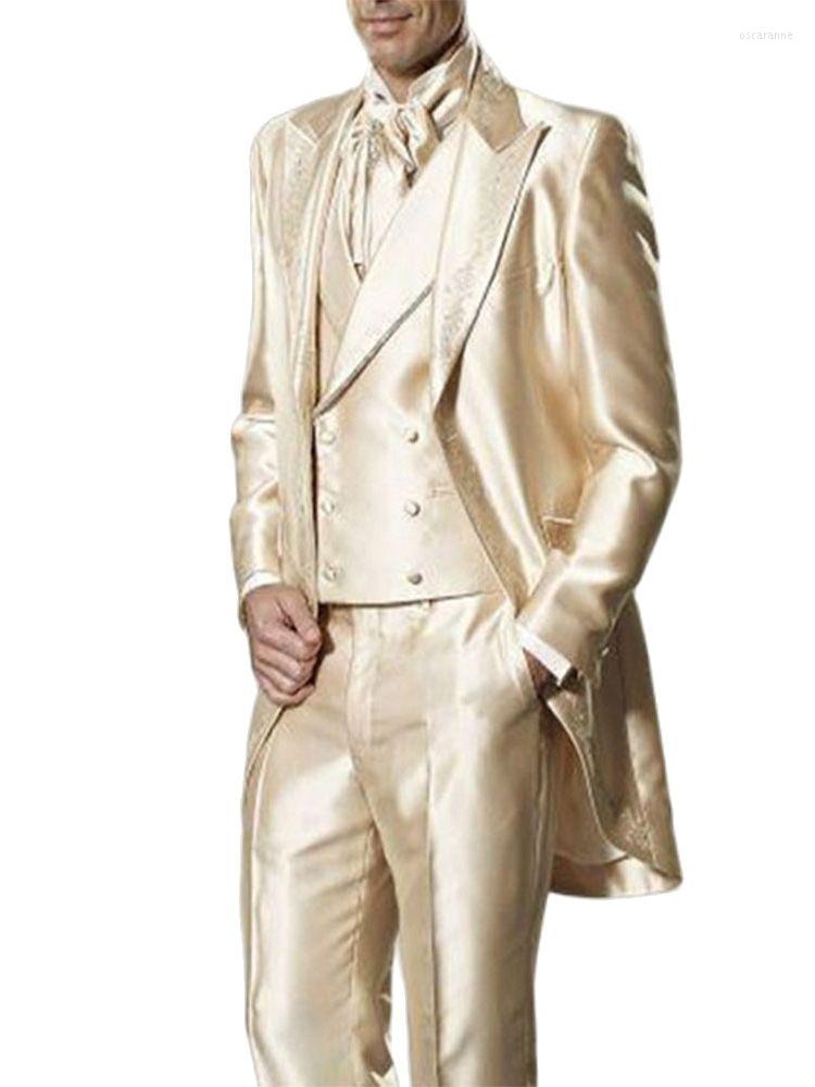 

Men's Suits 3Pcs Custom Made Blazer Trousers Groom Tuxedo Shiny Satin Gold Embroidery Wedding Groomsman( Jacket Pants Vest), Picture shown