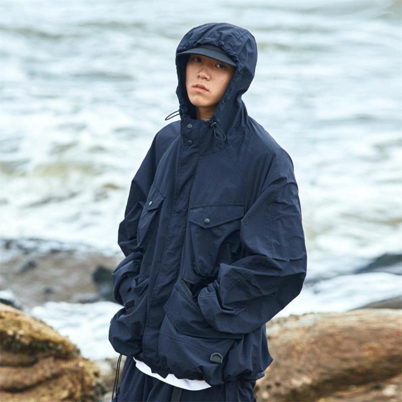 

Men' Jackets Fashion Men' Hooded Multi Pocket Functional Work Japanese Street Trendy Loose Outdoor Waterproof Coats, Blue