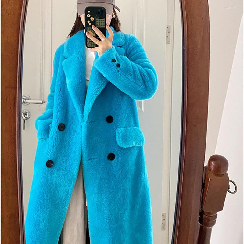 

Women' Fur Lamb Suit Collar 2023 Winter Fleece Double-breasted Solid Color Korean Design Long Coat Women Thicken Warm Overcoat, White