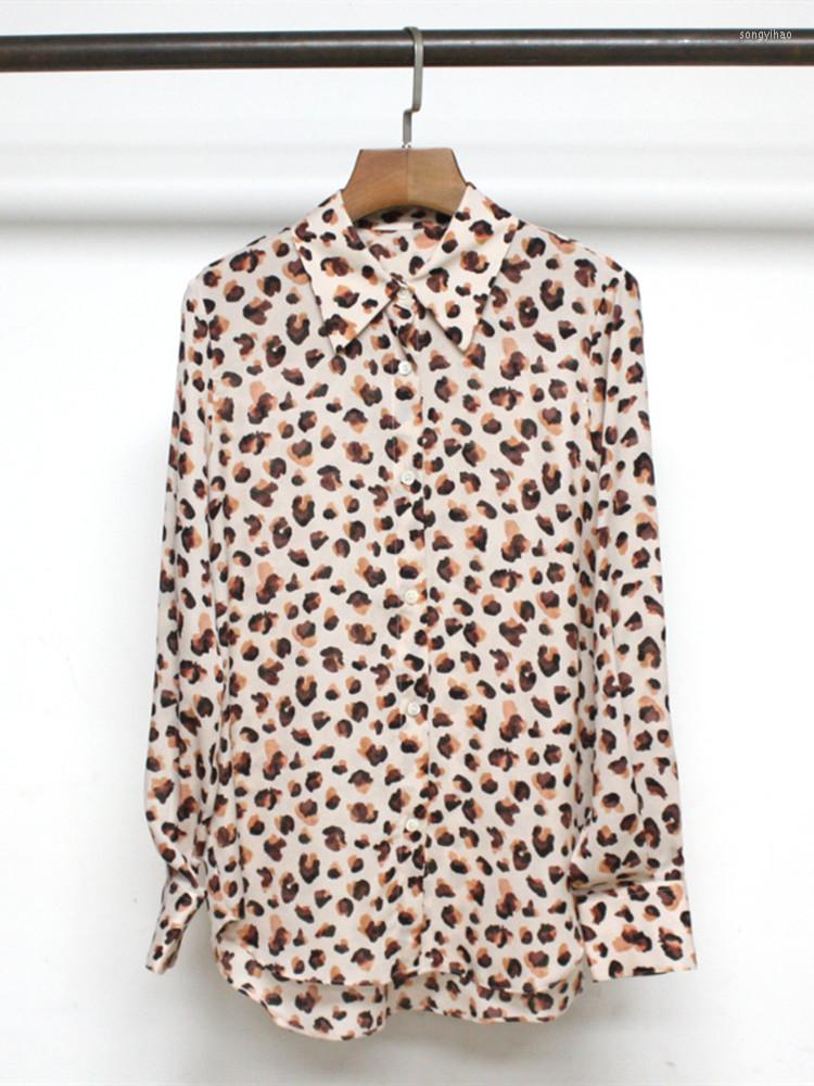 

Women's Blouses Women Silk Leopard Print Shirt Turn-down Collar Loose Straight Chemise Long Sleeve Female Single Breasted Blouse, Top