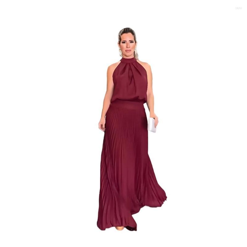 

Casual Dresses Sleeveless Halter Pleated Dress For Women Backless Female Robe Girls Party Vestidos Elegant Lady' Evening Long