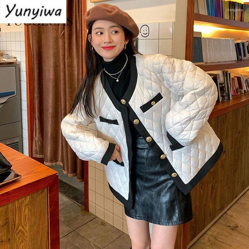 

Women' Jackets White Argyle PlCotton-Padded Jacket Vintage Long Sleeve Short Autumn Light Winter Thin Elegant Outgant Outear, Beige
