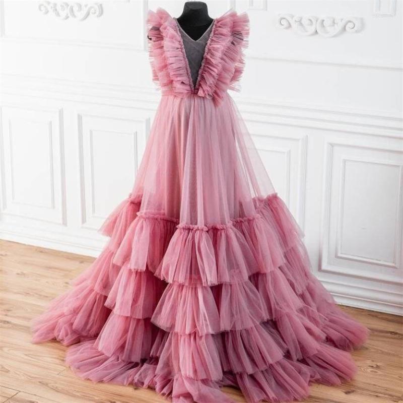 

Party Dresses Sheer V Neck Ruffled Women's Prom Tiered Maternity Robes Sleeveless Baby Shower Pography Gowns Lady Formal Wear, Green