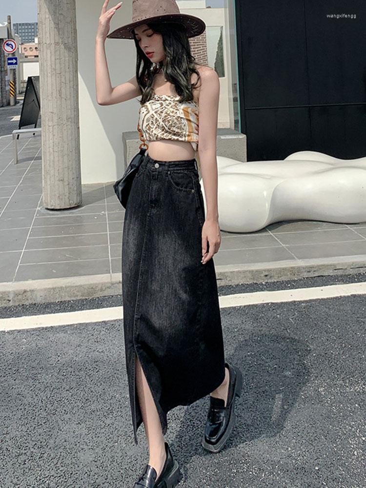 

Skirts Kalevest Y2K Black Korean Fashion Midi Skirt Streetwear Long Glitters Denim Pockets Rave Outfits Zip-up Dresses