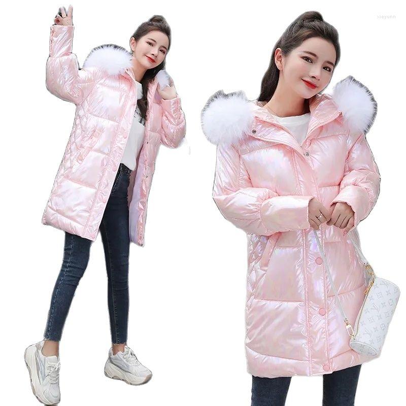 

Women's Trench Coats 2023 Down Cotton-Padded Jacket Female Student Korean Version Loose And Shiny Medium-Length Fur Collar Thickened Bread, White