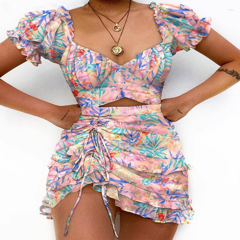 

Casual Dresses Summer Short Sleeve Ruffles Design Irregular Dress Women Sexy Cutout Front Ruched Puff Print Mini