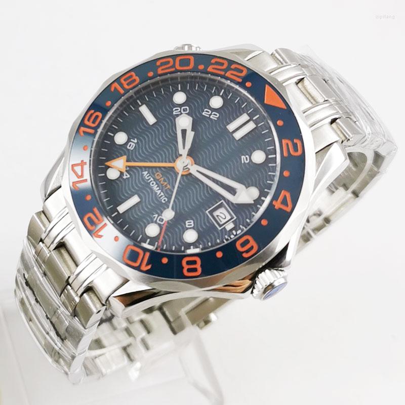 

Wristwatches 41mm Self Winding Men Watch Automatic GMT Movement Sapphire Glass Steel Strap Date Window, Glass case back