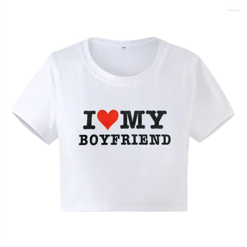 

Women' T Shirts F42F Women Letter Print T-shirt I Love My Boyfriend Top Slim-Crew Neck T-shirts, Black