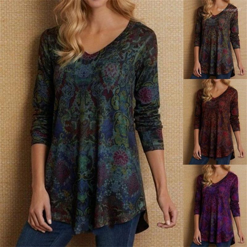 

Women's T Shirts Spring And Autumn Floral V-neck Loose T-shirt Women's Long Sleeve Top Female & Lady Fashion Casual