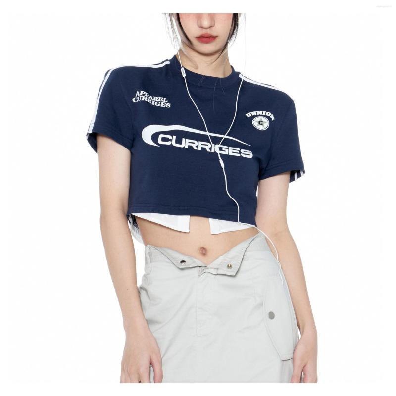 

Women' T Shirts Retro Sporty Style T-shirt For Women Fake Two-piece Letter Printing O-neck Tees Harajuku Streetwear Sexy Y2K Casual Cloth, Navy blue