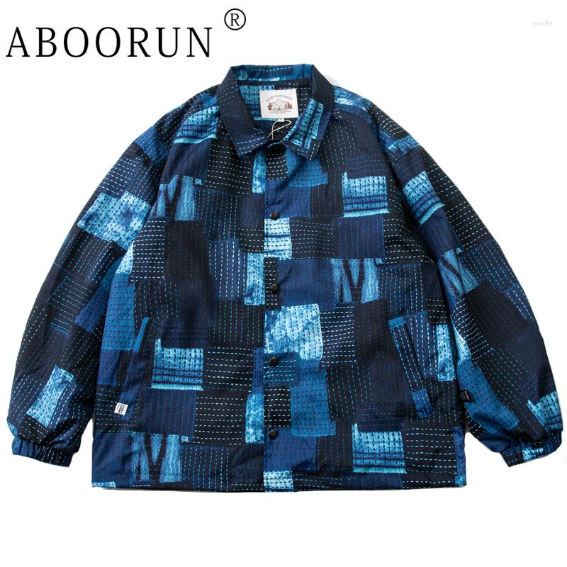 

Men's Jackets ABOORUN Men Indigo Oversize Patches Embroidery Coats Streetwear Hip Hop Coat For Male, Picture shown