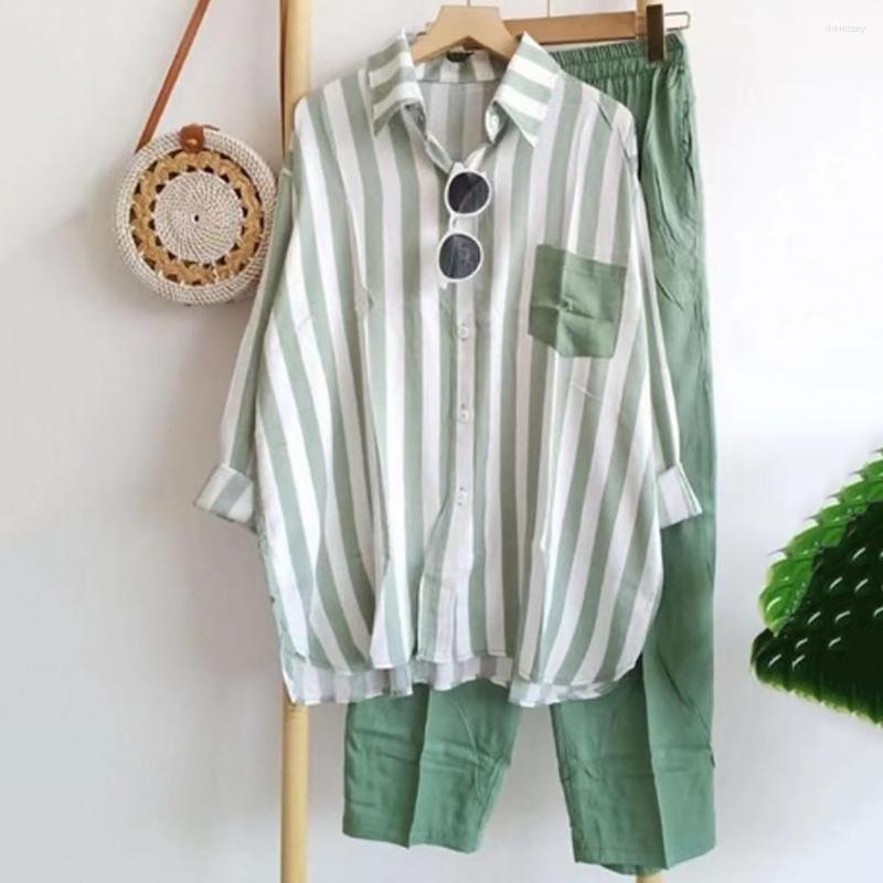 

Women's Two Piece Pants 2Pcs/Set Fashion Lady Outfit Set Polyester Shirt Long Sleeve Stripes Streetwear, Black
