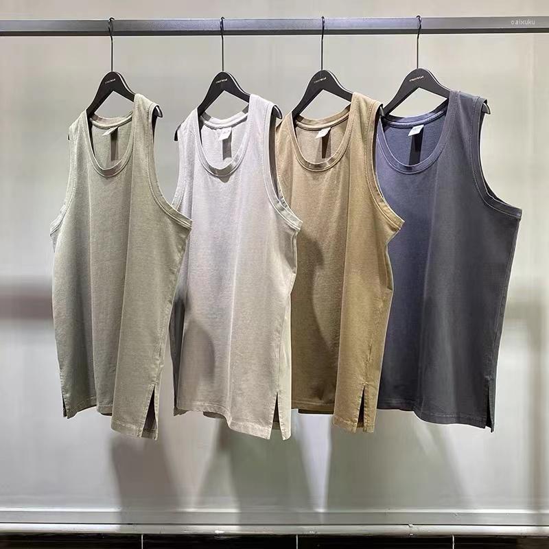 

Men's Tank Tops Bottom Split Wash Water Do Old Batik Vintage Vest Man, Brown