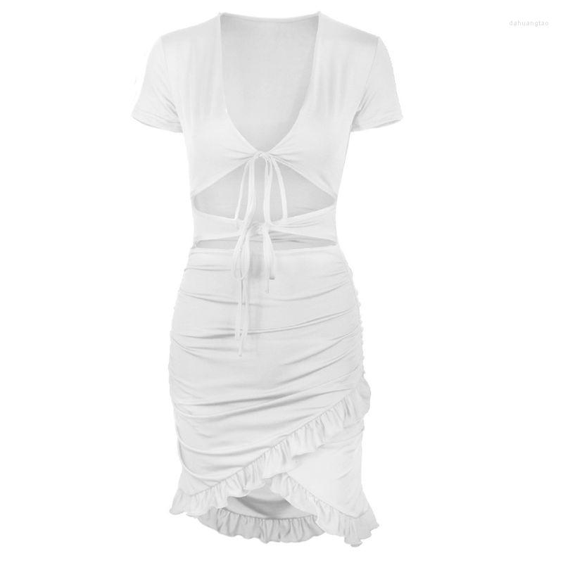

Casual Dresses Women Short Sleeve Sexy V-Neck Bodycon Mini Dress Tie-Knot Front Hollow Out High Waist Ruched Ruffles Solid Color Summer U4LF, Orange