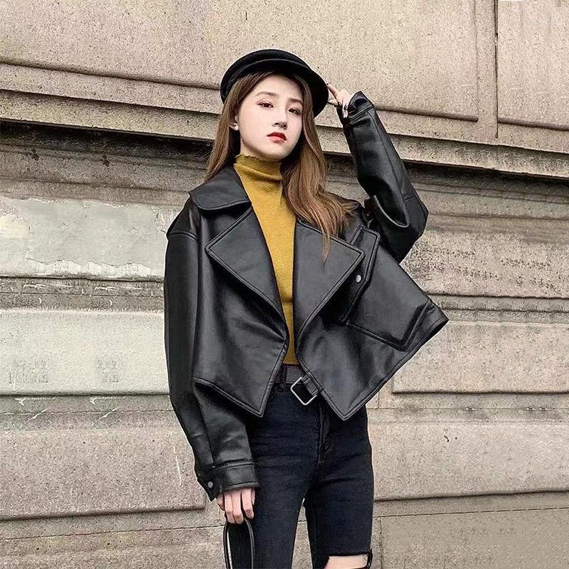 

Women' Leather Lady Jacket Short Loose Leisure All-Matching Motorcycle Clothing PU Coat For Women Faux, Black
