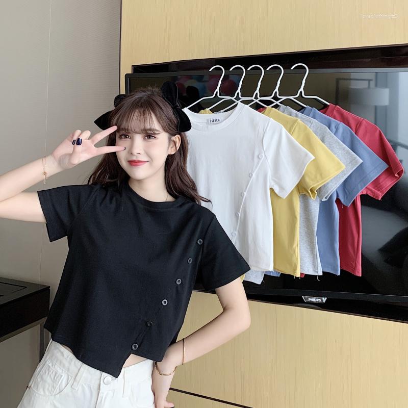 

Women's T Shirts Short Irregular Women T-shirts Harajuku Girls Tops O-Neck Sleeves Button Decoration Summer T-shirt Tees Clothes, White