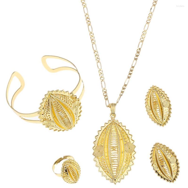 

Necklace Earrings Set Ethiopian Fashion Pendant Necklaces Bangle Ring Jewelry Habesha Eritrean Wedding Gifts, Picture shown