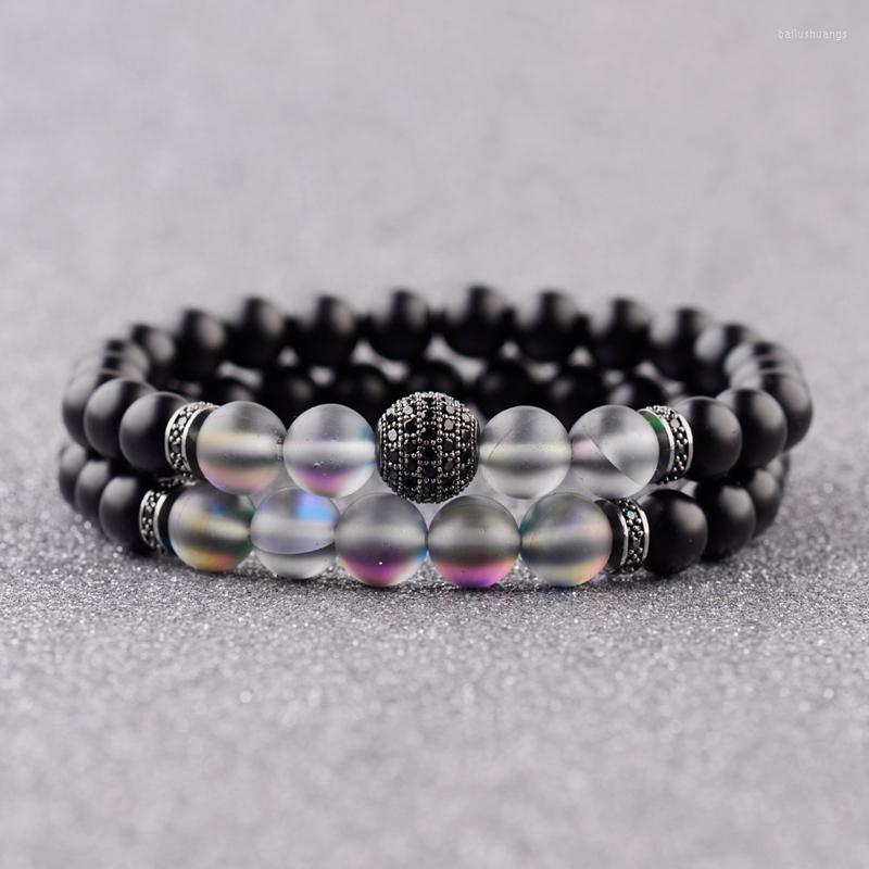 

Strand Charms MoonStone Men's Bead Bracelet Chakra Bangles Bijoux Luxury CZ Black Disco Ball & Bar Women