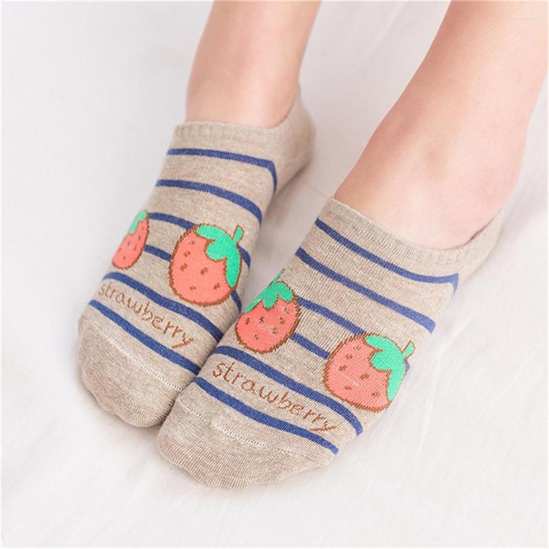 

Women Socks Chic Girls Cute Stripes Fruits Low Cut Sokken Cartoon Peach Grape Strawberry Watermelon Pineapple Harajuku Gift, Khaki strawberry