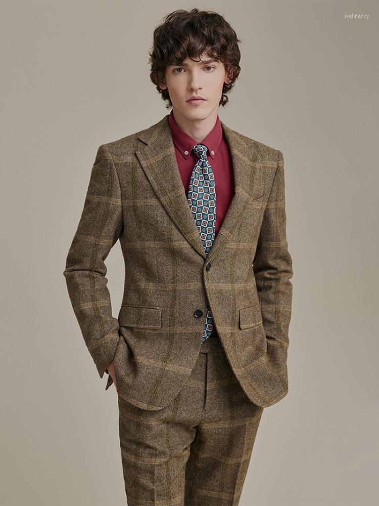 

Men's Suits 50% Wool Thick Men Set Brown Big Plaid England Retro Fashion Style Winter Warm Formal Blazer Pant Wedding Groom Wear 54, Blazer pant set