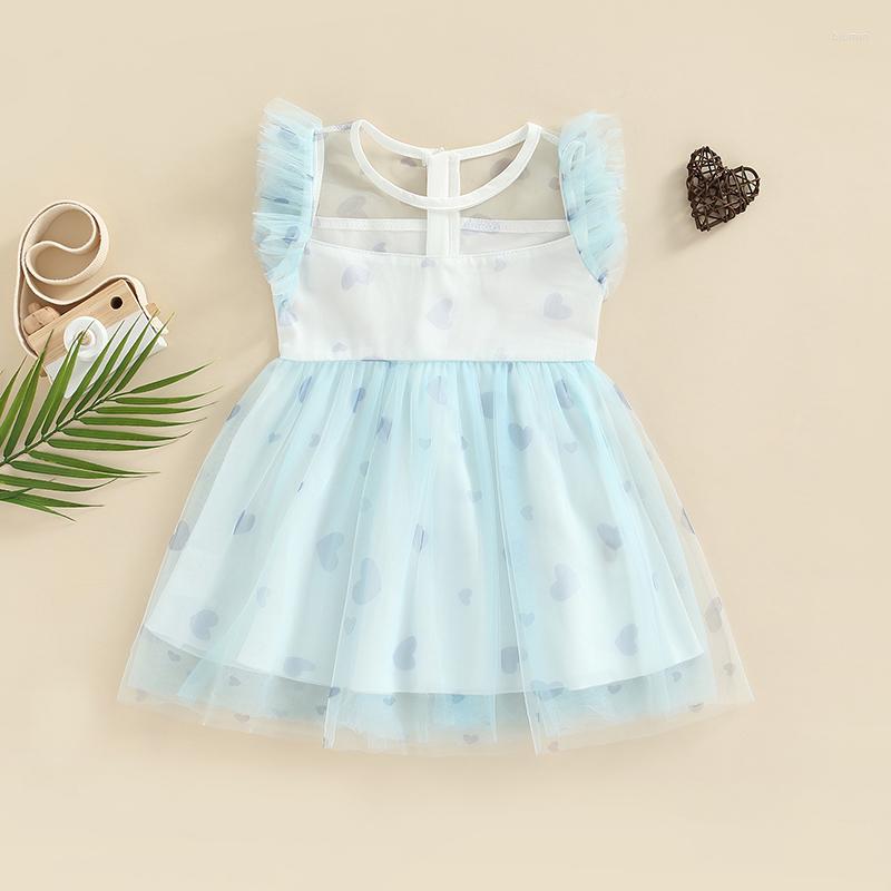 

Girl Dresses Summer Kids Girls Dress Heart Print Mesh Patchwork Ruffle Sleeveless Clothes 2-7Years, Green