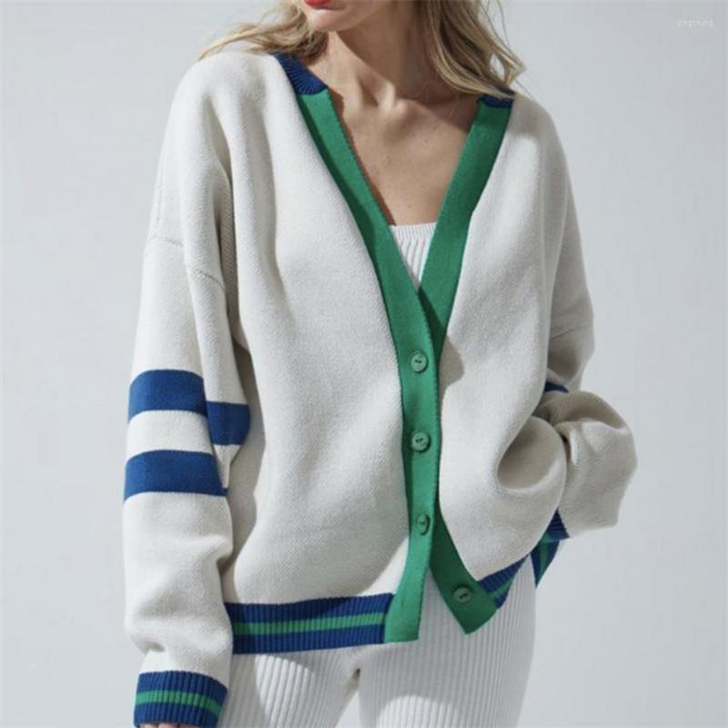 

Women' Knits Trendy Knitted Cardigan V-Neck Windproof Sweater Single-Breasted Striped Splicing Color Coat, Green