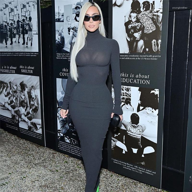 

Casual Dresses Solid Ribbed Bodycon Maxi Dress 2023 Autumn Winter Women Turtleneck Full Sleeve High Elastic Long Club Party Robe Clubwear, Dark grey