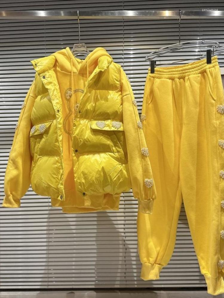 

Women's Two Piece Pants Winter Pearls Embroidery Beadings Cotton Vest Fleece Drawstring Hooded Sweatshirt Long Three Set Women, Black