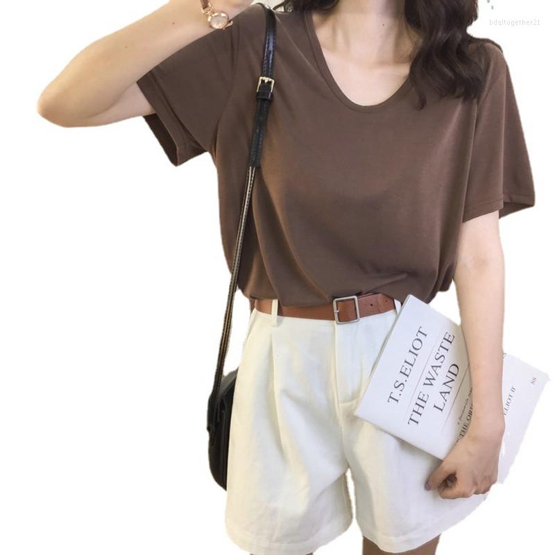 

Women's T Shirts Y2K V-neck T-shirt Women Sexy Summer INS Short Sleeve Tee Shirt Femme Slim Vintage Kakhi Solid Tshirt Woman Clothes Top, Black