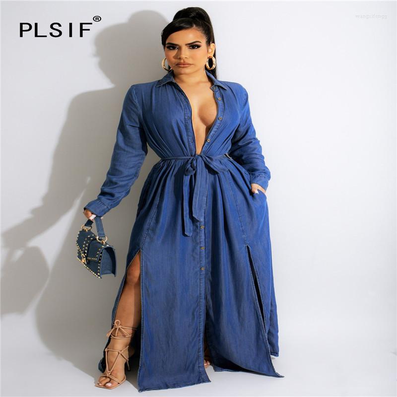 

Skirts Ladies' Denim Long Sleeve Lapel Single-breasted Lace-up High Street Temperament Dress With Split Side In Spring And Autumn, Blue