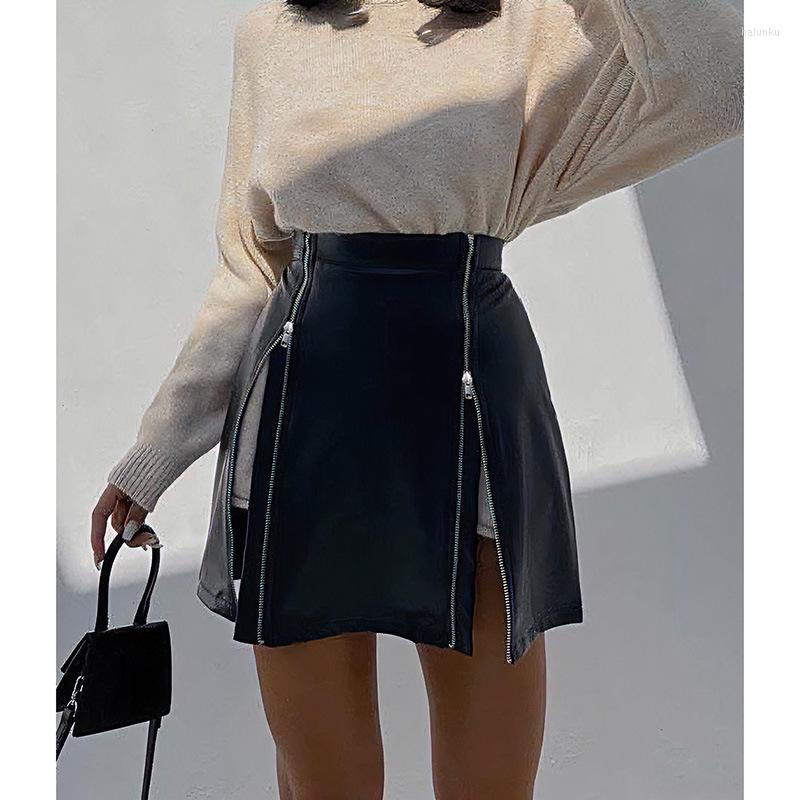 

Skirts Sexy Goth Skirt Women High Waist Slim Fit Bodycon PU Leather Zipper Zip Up Bottoms Y2k Streetwear Side Open Split, Black