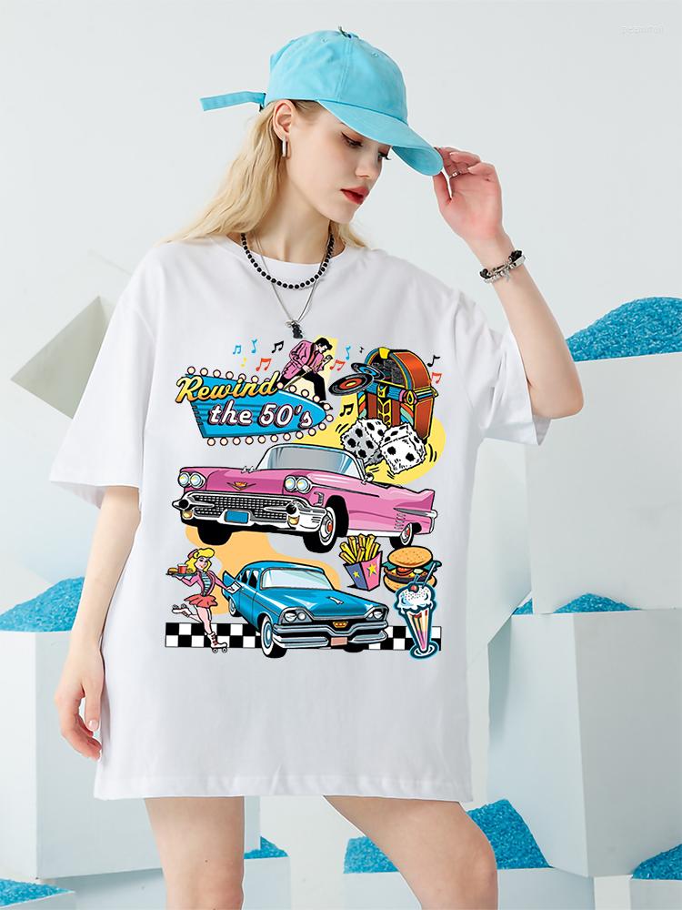 

Women' T Shirts Rewind The 50' Car Life Female T-Shirts Harajuku Loose Tshirt Oversize Tops High Quality Brand Cotton T-Shirt, White