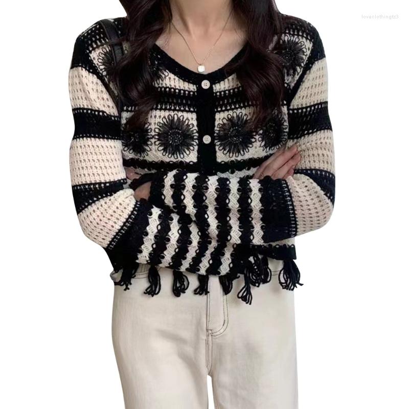 

Women's T Shirts Womens Long Sleeve Crochet Knit Cropped Cardigan Vintage Embroidery Striped Tassels Trim Button Up Loose Sweater Drop, Brown