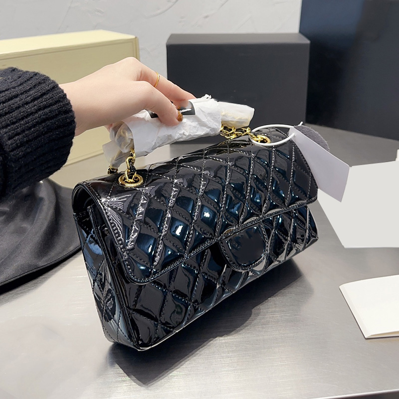 

Womens Designer Patent Leather Medium Black Bag Classic Double Flap Quilted CF Purse Gold/Silver Metal Hardware Matelasse Chain Crossbody Shoulder Handbag 23X12CM, Box