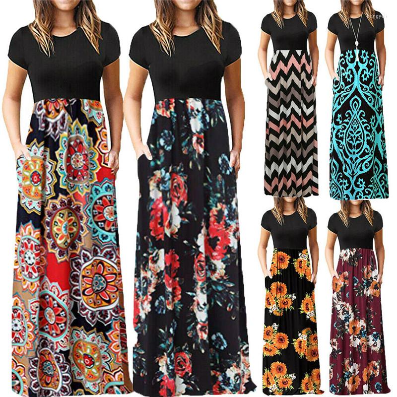 

Casual Dresses Beach Style Women' Long Dress Summer Short-Sleeved O-Neck Floral High Waist Ladies Sundress Printed Ankle-length Women