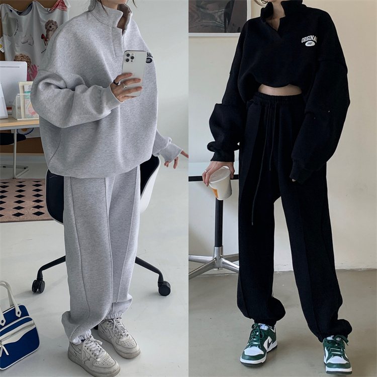 

Women's Two Piece Pants Women Black Grey Sweatsuit Set 2 Piece Outfits Casual Oversized Cotton Tops And Loose Jogger Trousers Sweatpants Tracksuits 230213