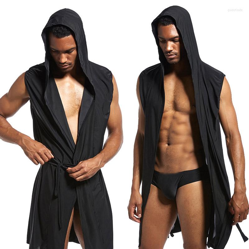 

Men' Sleepwear High Quality Hooded Bath Robes Men Sexy Kimono Sleeveless Pijama Homewear Loose Lounge Bathrobe Bathing Pyjamas, Black
