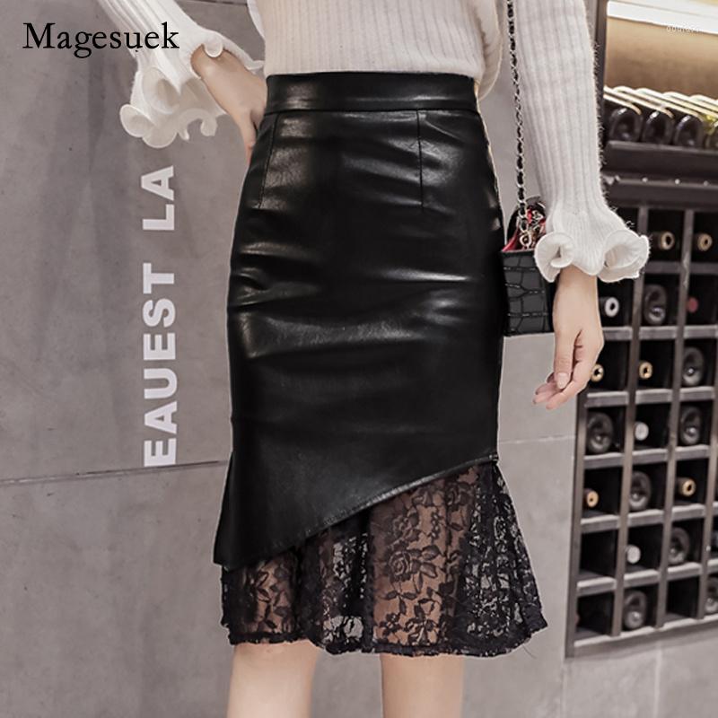 

Skirts Autumn Slim Pu Leather Skirt Women Sexy Ruffle High Waist Black Woman Fashion Lace Crochet Midi 17104